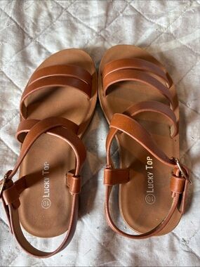 Lucky Top Girls' Tan Strappy Sandals with Adjustable Buckle